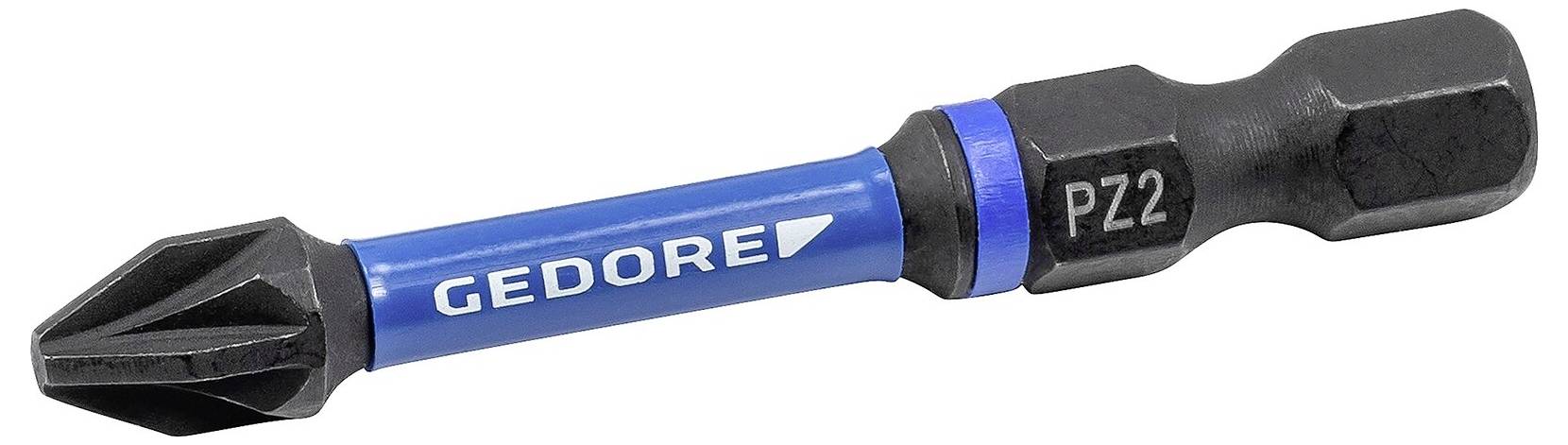 A blue and black PZ2 screwdriver bit with 'GEDORE' text on the side, used for driving Pozidriv screws.