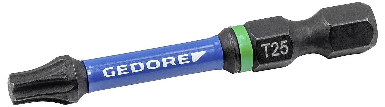 T25 GEDORE bit with a blue shaft and green ring designed for Torx screws.