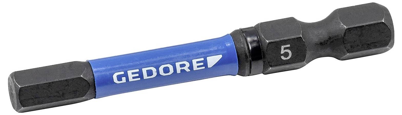 A blue and black Gedore screwdriver bit with '5' on the black end, designed for hex screws.