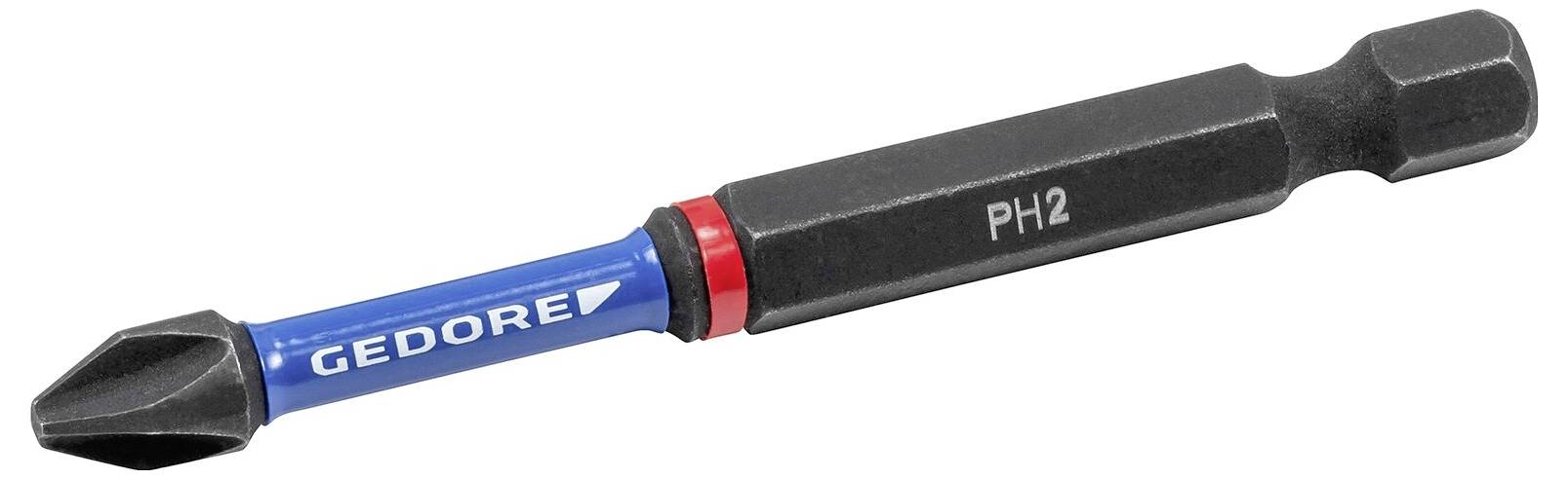 A blue and black PH2 screwdriver bit with 'GEDORE' printed on the shaft, used for Phillips head screws.