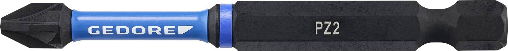 Un embout de tournevis bleu et noir avec un manche bleu étiqueté 'GEDORE' et une tige noire étiquetée 'PZ2'.