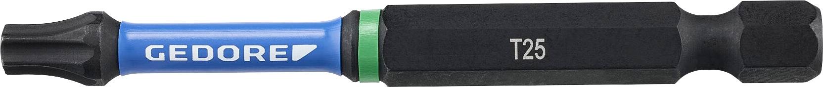Embout de tournevis hexagonal avec le logo « Gedore », marquage de taille T25, manche bleu et pointe noire conçu pour un ajustement sécurisé dans les vis.