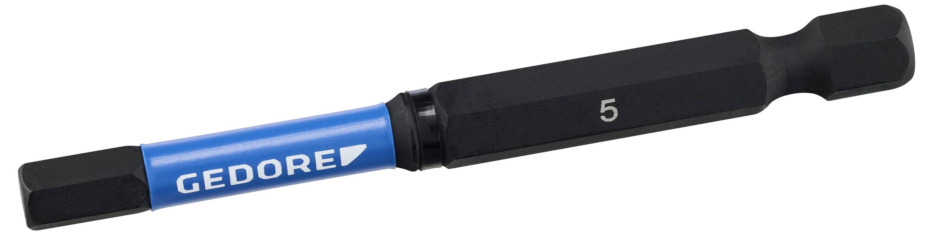 A blue and black Gedore tool adapter with the number 5, featuring a hexagonal shape for tightening or loosening screws.