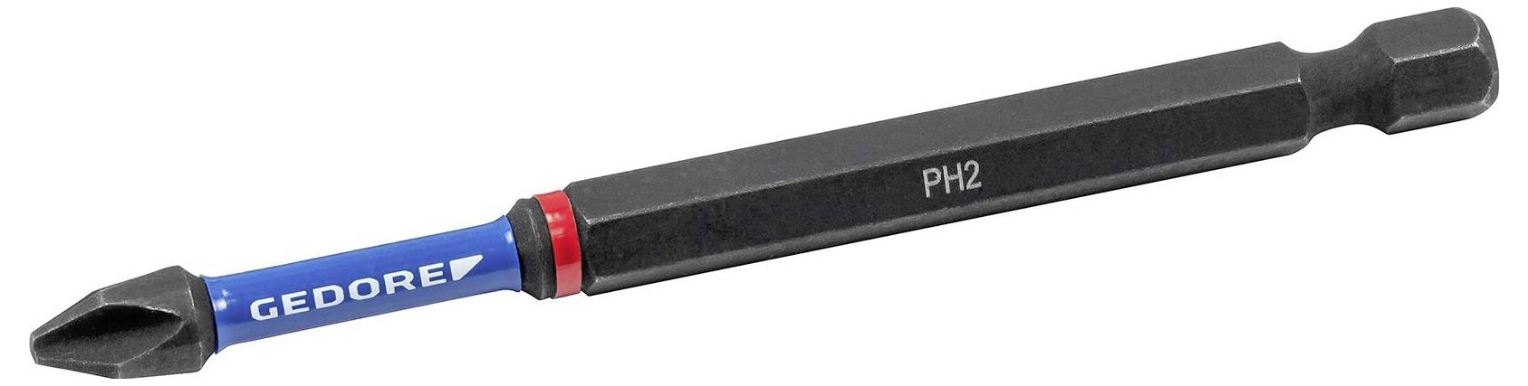 'Gedore PH2 screwdriver bit' with a blue base and hexagonal shank for use in power drills or screwdrivers.