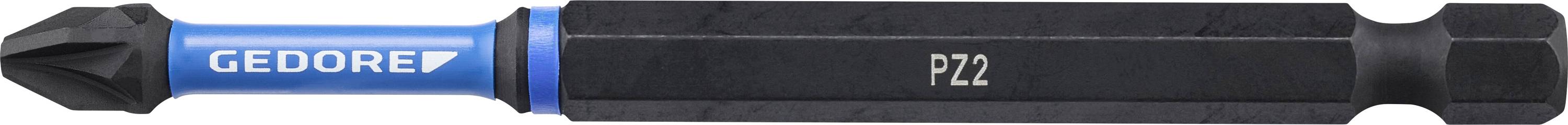 Un embout de tournevis GEDORE PZ2 noir et bleu avec des queues hexagonales aux deux extrémités, conçu pour être utilisé avec des vis Pozidriv.