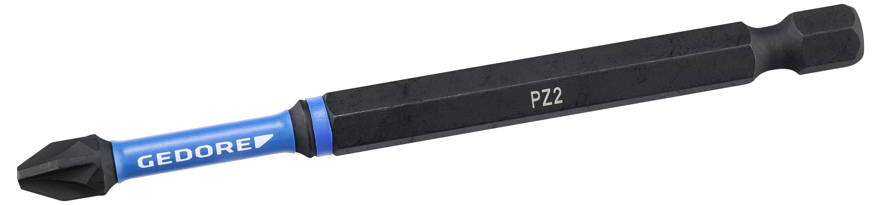A black Gedore screwdriver bit with a hexagonal shaft and 'PZ2' printed on the side, featuring a blue ring near the tip.