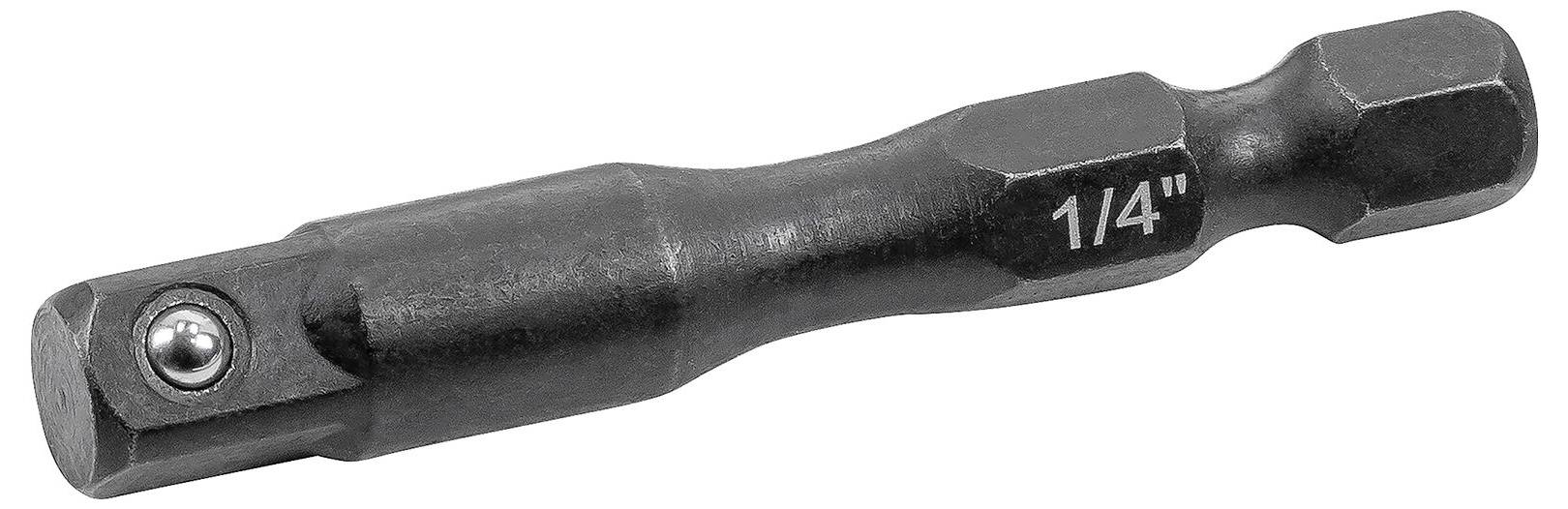 A heavy-duty black steel socket adapter with a 1/4-inch drive size, featuring a ball bearing for secure attachment.