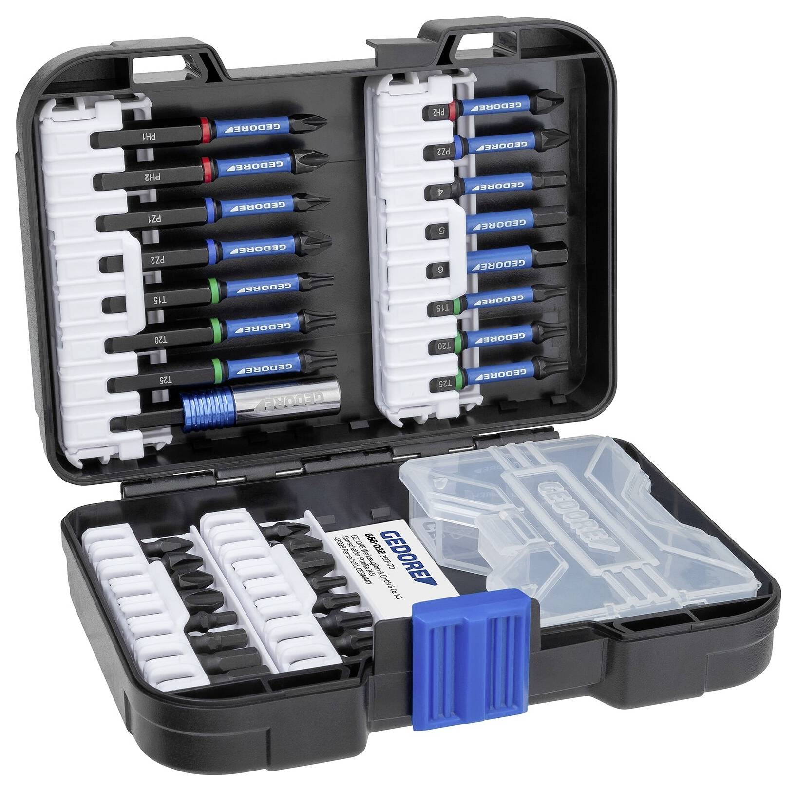 Toolset case open displaying a variety of screwdriver bits organized in slots, including Torx, Phillips, and flathead bits.