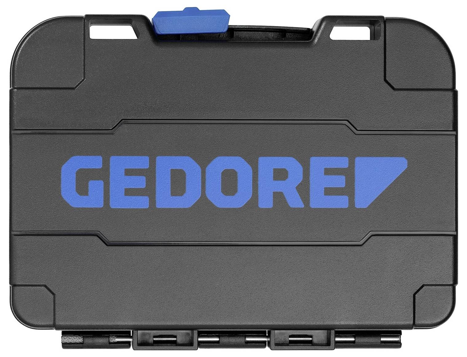 Black tool case with 'GEDORE' logo in blue on the front, featuring a blue latch at the top edge, indicating secure closure.