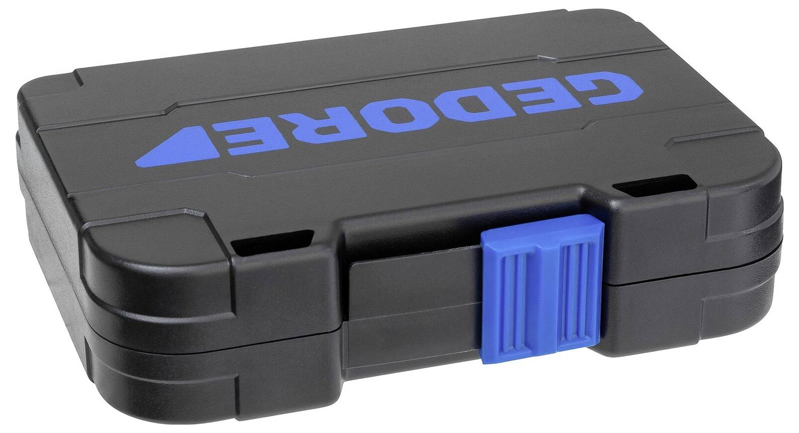 'GEDORE' black plastic carrying case with a blue latch on the front, used for organizing and transporting tools.