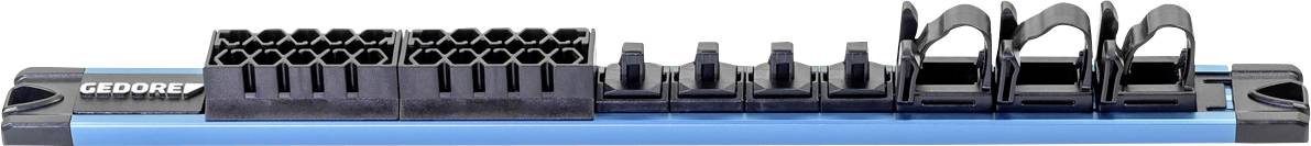 Un support à outils bleu et noir avec des fentes et des clips pour organiser les clés à douille et autres outils.