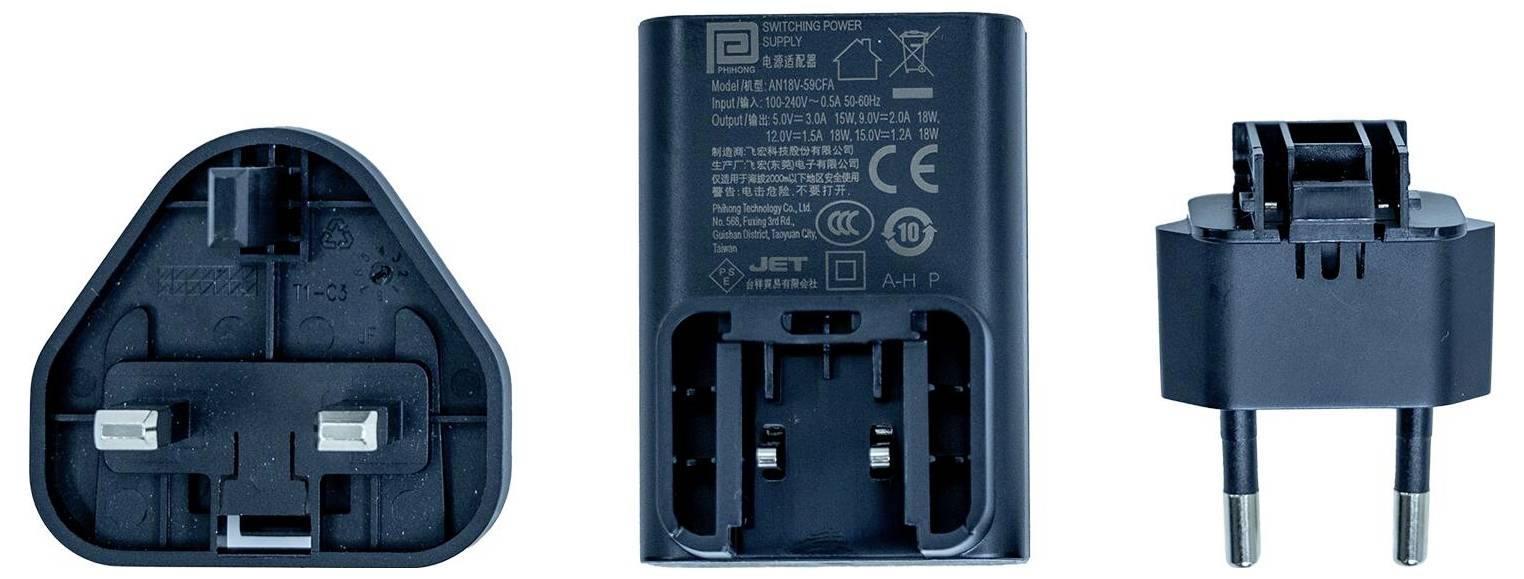 Three electrical plug adapters in various styles: UK, European, and US. Each is displayed separately, showing prong and socket designs.