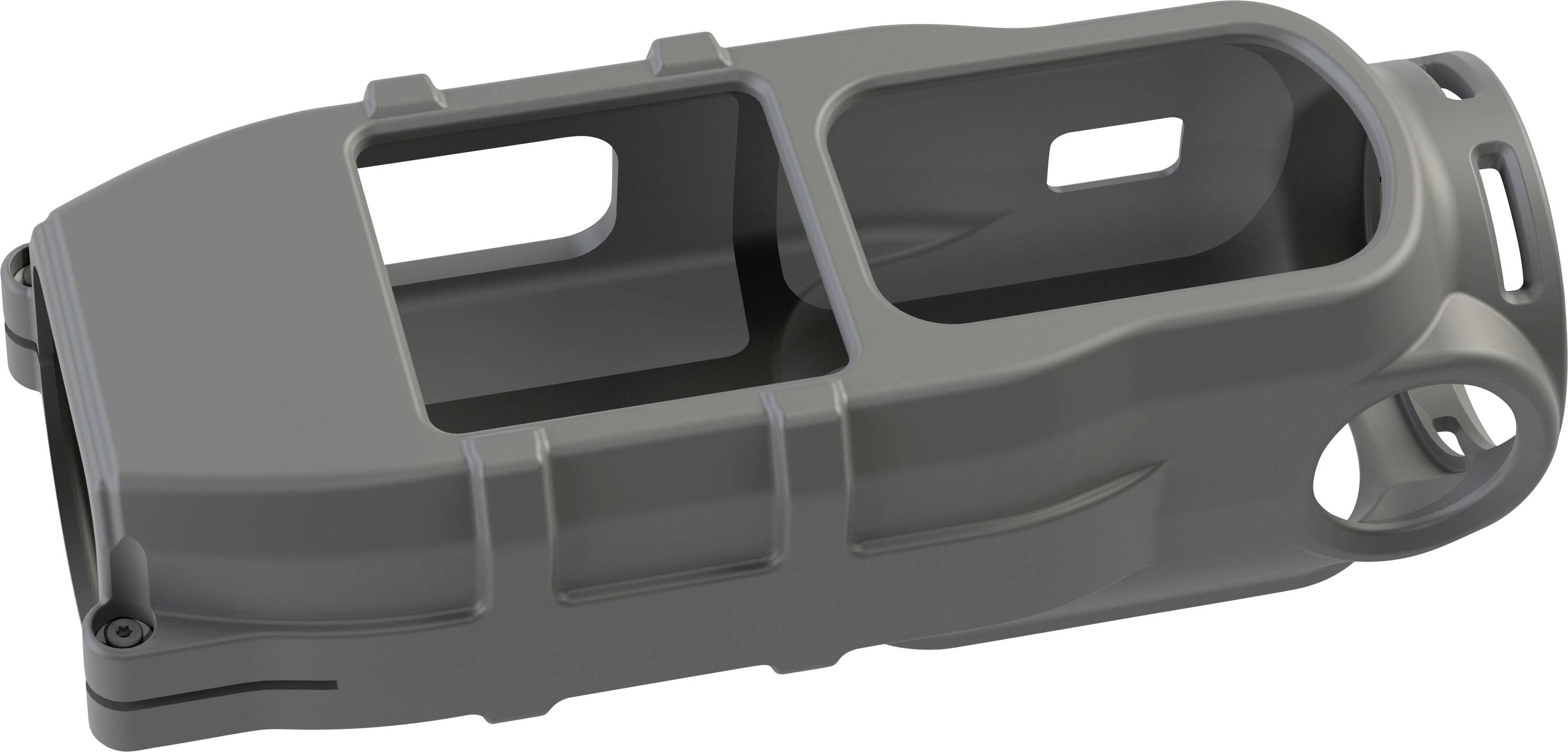 Un boîtier métallique rectangulaire gris avec deux grandes découpes et des bords arrondis, conçu pour loger ou monter des composants électroniques.