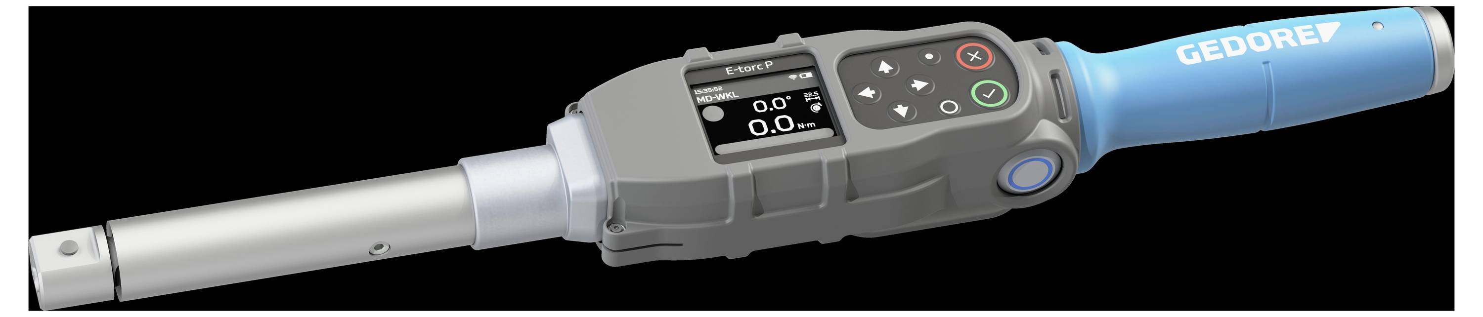 A digital torque wrench with a display screen showing '0.0'. The handle is blue with 'GEDORE' on it. The screen has control buttons.