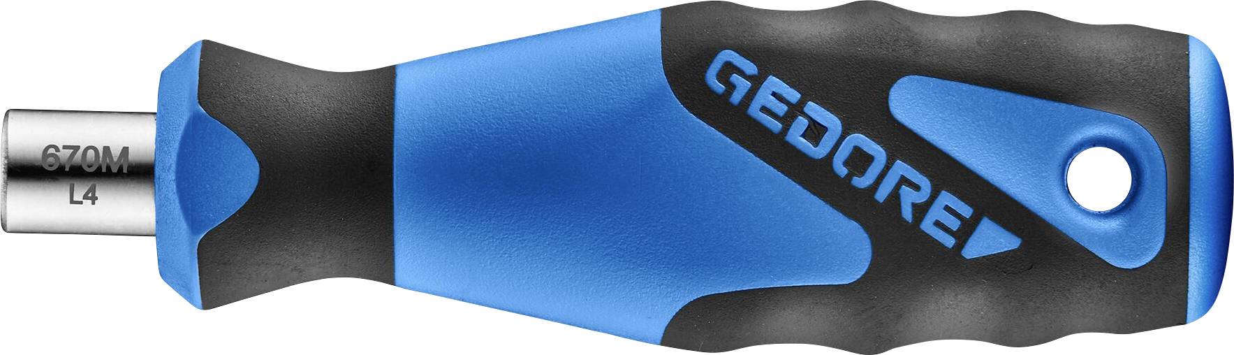 Manche de tournevis GEDORE bleu et noir avec arbre métallique et trou de suspension, montré sur fond blanc.