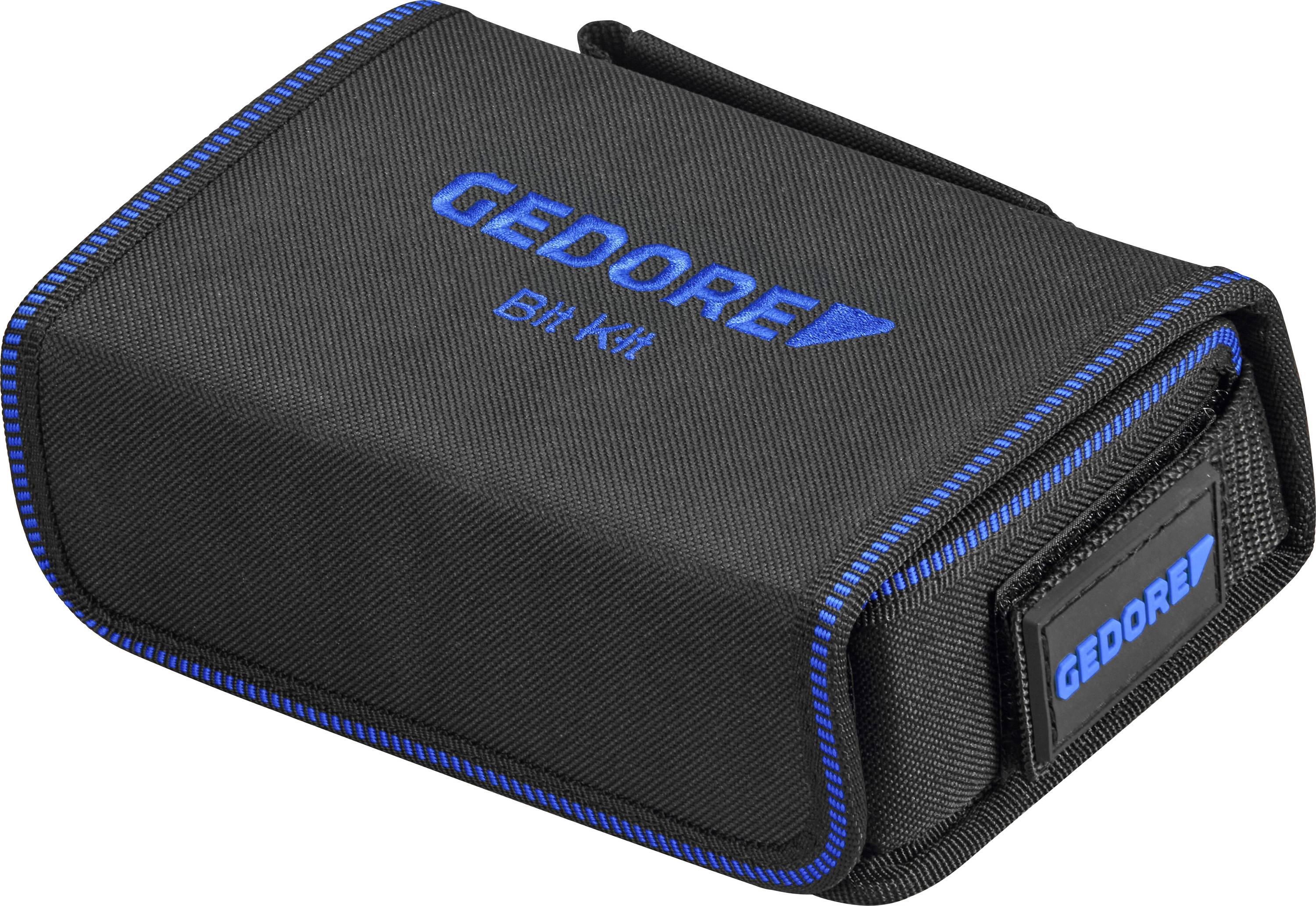 Pochette à outils GEDORE noire avec finitions bleues et logo, présentée fermée sur fond blanc.