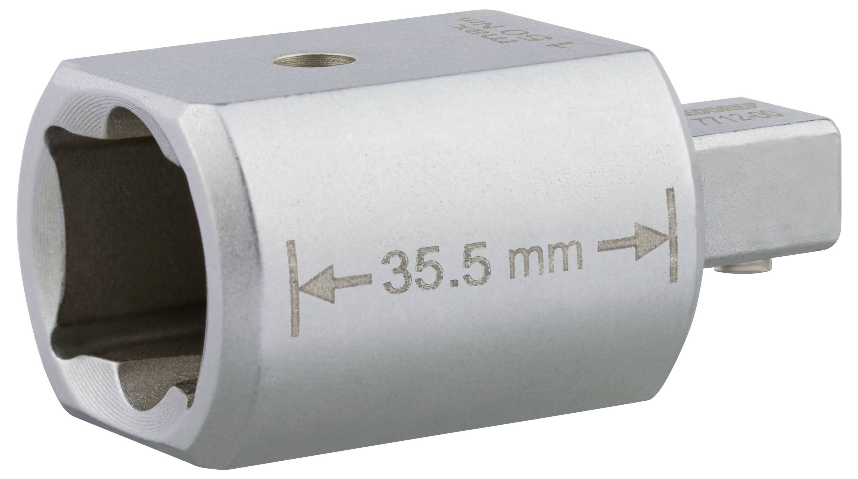 Une clé à douille métallique de 35,5 mm, utilisée pour desserrer ou serrer les boulons, présentée dans une vue de côté avec un marquage de mesure visible.