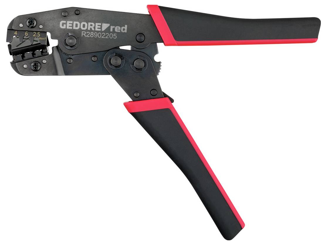 Crimping tool with black handles and red accents, used for connecting wires. Model number 'R28902205' is visible.