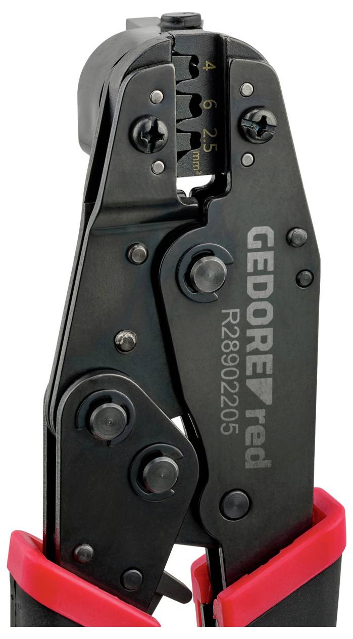 'GEDORE red' crimping tool with measurement markings and black and red handles, used for electrical and wiring applications.