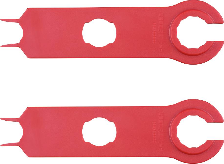 Deux clés à pipe en plastique rouge, conçues pour serrer et desserrer des raccords mécaniques spécifiques, présentées côte à côte sur un fond uni.
