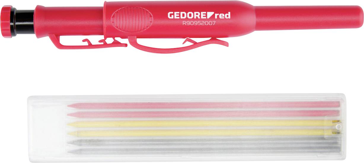 Crayon mécanique rouge « GEDORE red » avec six recharges : deux rouges, deux jaunes, deux grises.