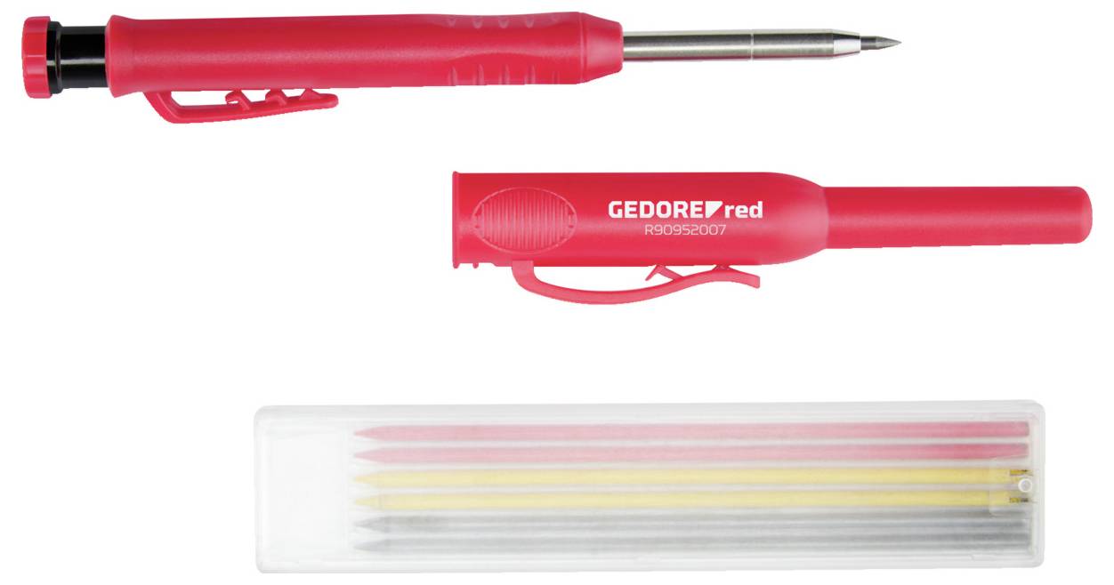 A red mechanical pencil labeled 'GEDORE red R8952007' with a protective case, alongside a box containing four replacement leads in red, yellow, and graphite.