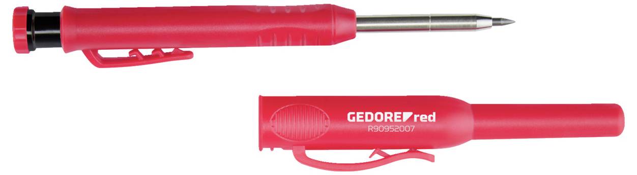 Red GEDORE pen with clip, showing closed and opened views, displaying brand name and model number.