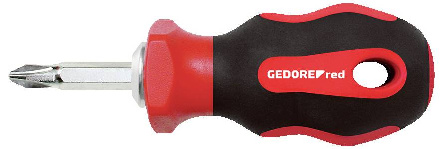 Short screwdriver with black and red handle labeled 'GEDORE red', featuring a Phillips head tip.