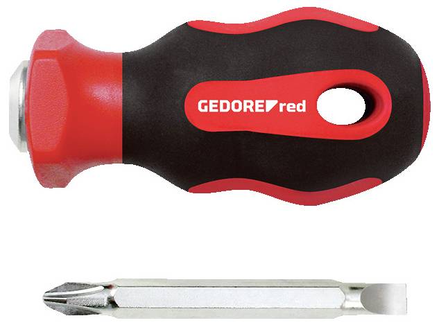 Screwdriver with red and black handle, compact design, with a metal interchangeable bit showing a Philips head on one end and a flat head on the other.