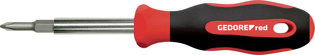 Un tournevis à tête plate noir et rouge avec la marque 'GEDORE red' sur le manche, positionné horizontalement montrant sa tige en métal.