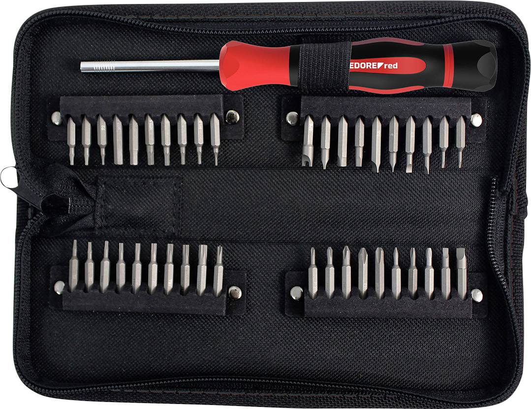 Une boîte à outils contenant un tournevis rouge et noir avec plusieurs embouts interchangeables organisés dans un étui de transport noir.