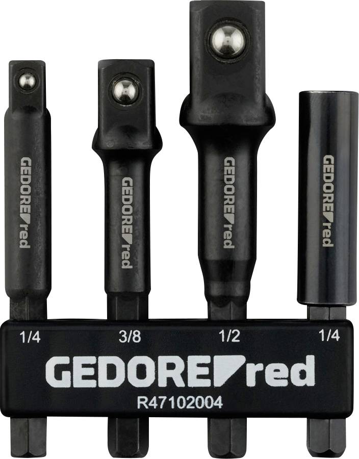 Un ensemble de quatre rallonges de douille noires de longueurs variées, montées sur un support. Chaque rallonge est étiquetée « GEDORE red » avec des mesures d'entraînement carré.