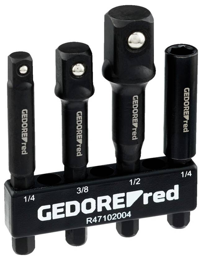 GEDORE red socket adaptor set of four with varying sizes and extensions, labeled 1/4, 3/8, 1/2 inch, black finish with storage holder.