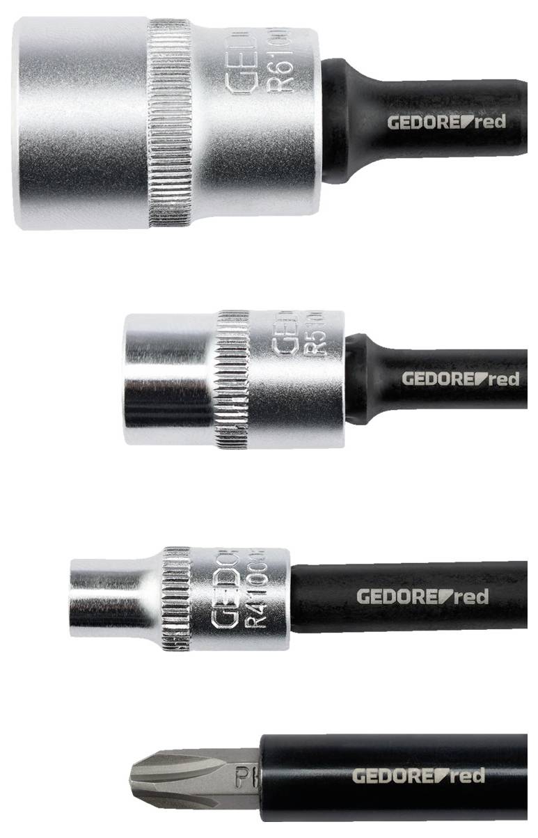 Four Gedore Red sockets and bits of varying sizes, arranged vertically, showcasing different socket types with visible brand names on the side.