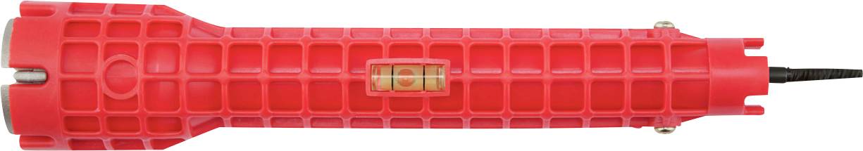 Un outil manuel à motif de grille rouge avec un niveau à bulle intégré, conçu pour la stabilité lors des tâches de construction ou de réparation.