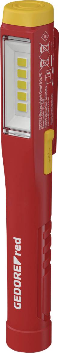 Lampe de travail LED portative rouge et jaune avec marque « GEORGE red » sur le côté, dotée de plusieurs ampoules LED sur le panneau avant.