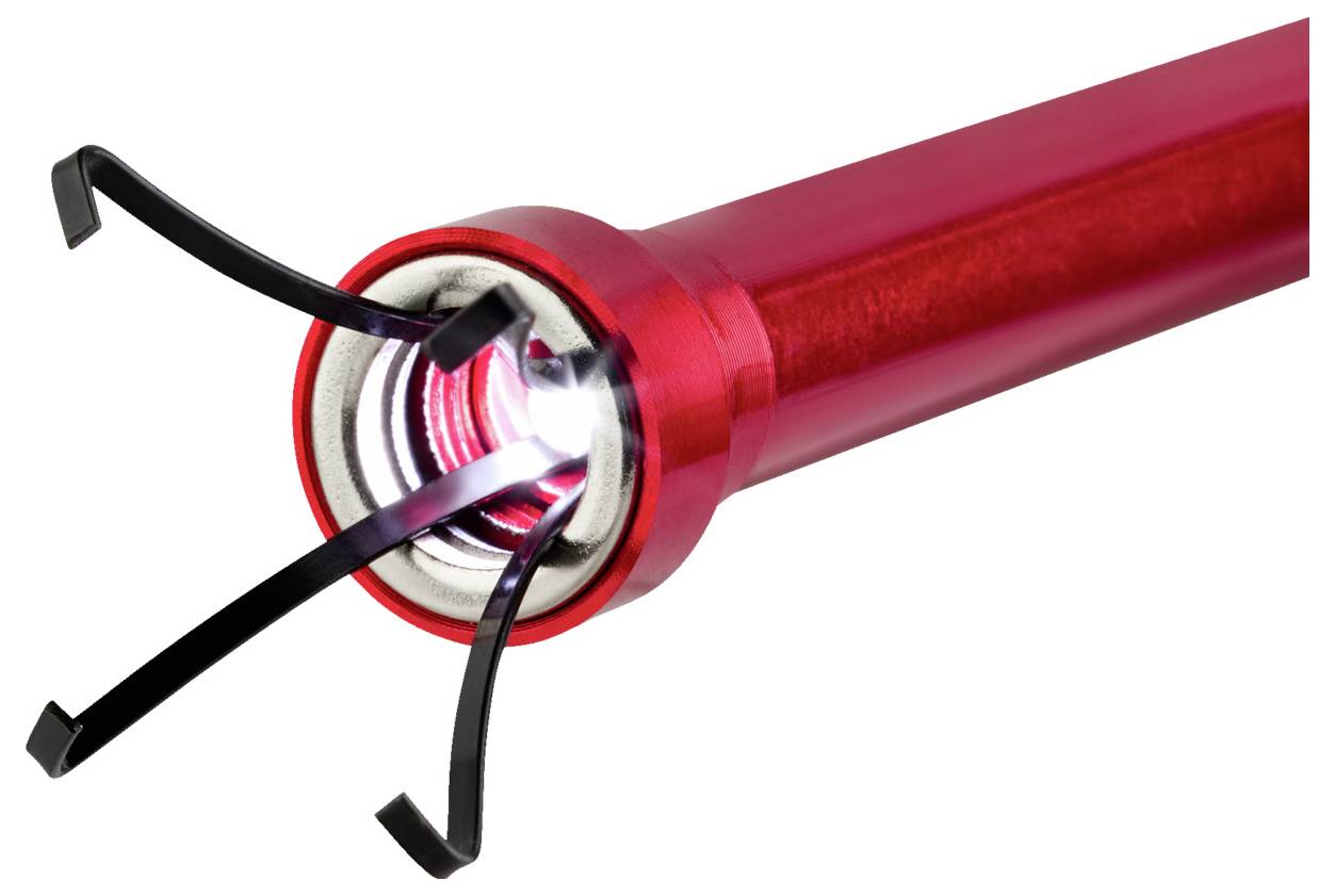 A red telescopic magnetic pickup tool with LED light and three black extendable claw arms.