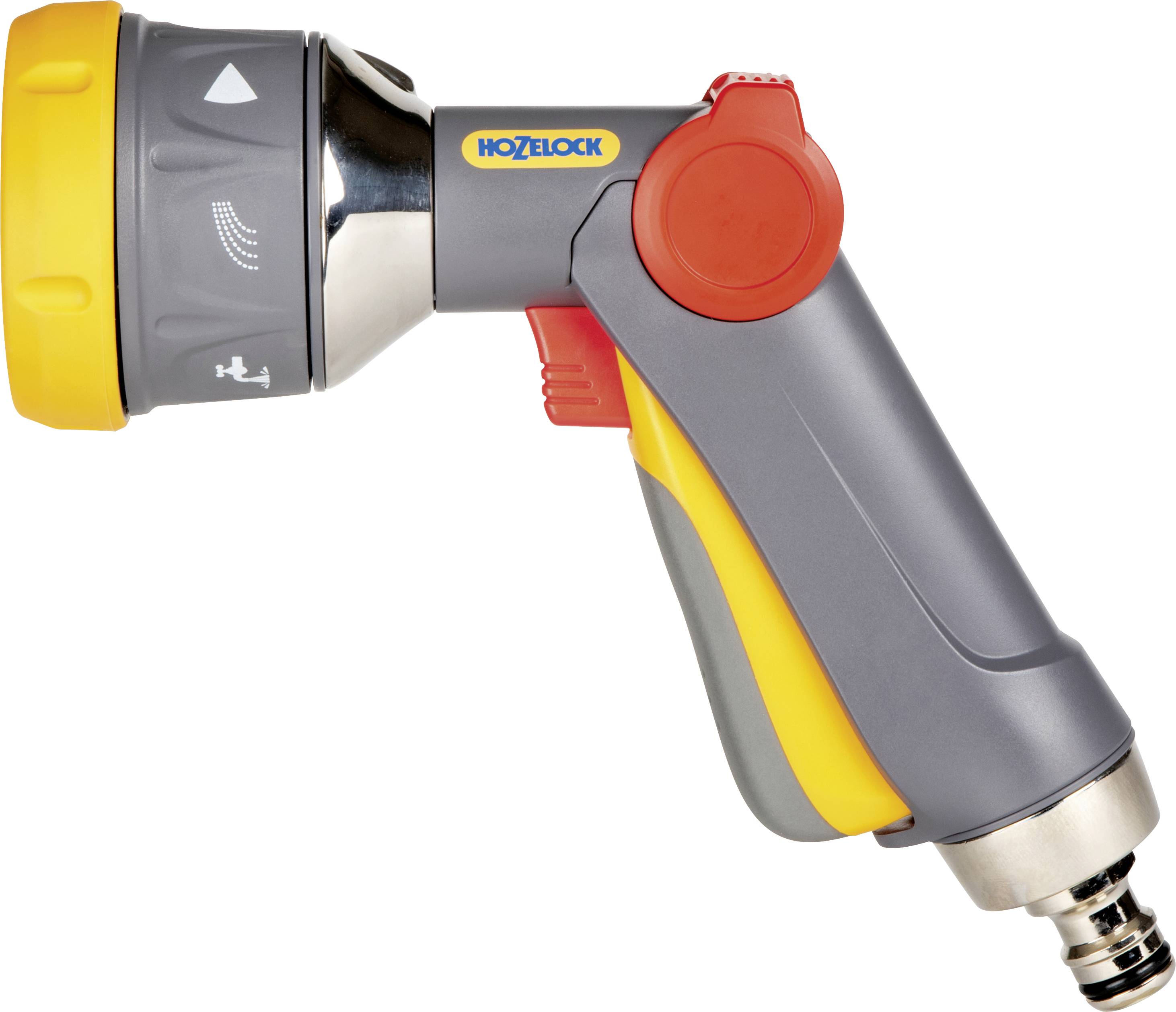 Un pistolet de pulvérisation pour tuyau de jardin avec une tête réglable, présentant un design gris et orange, est montré avec une vue latérale mettant en évidence sa poignée et sa gâchette.