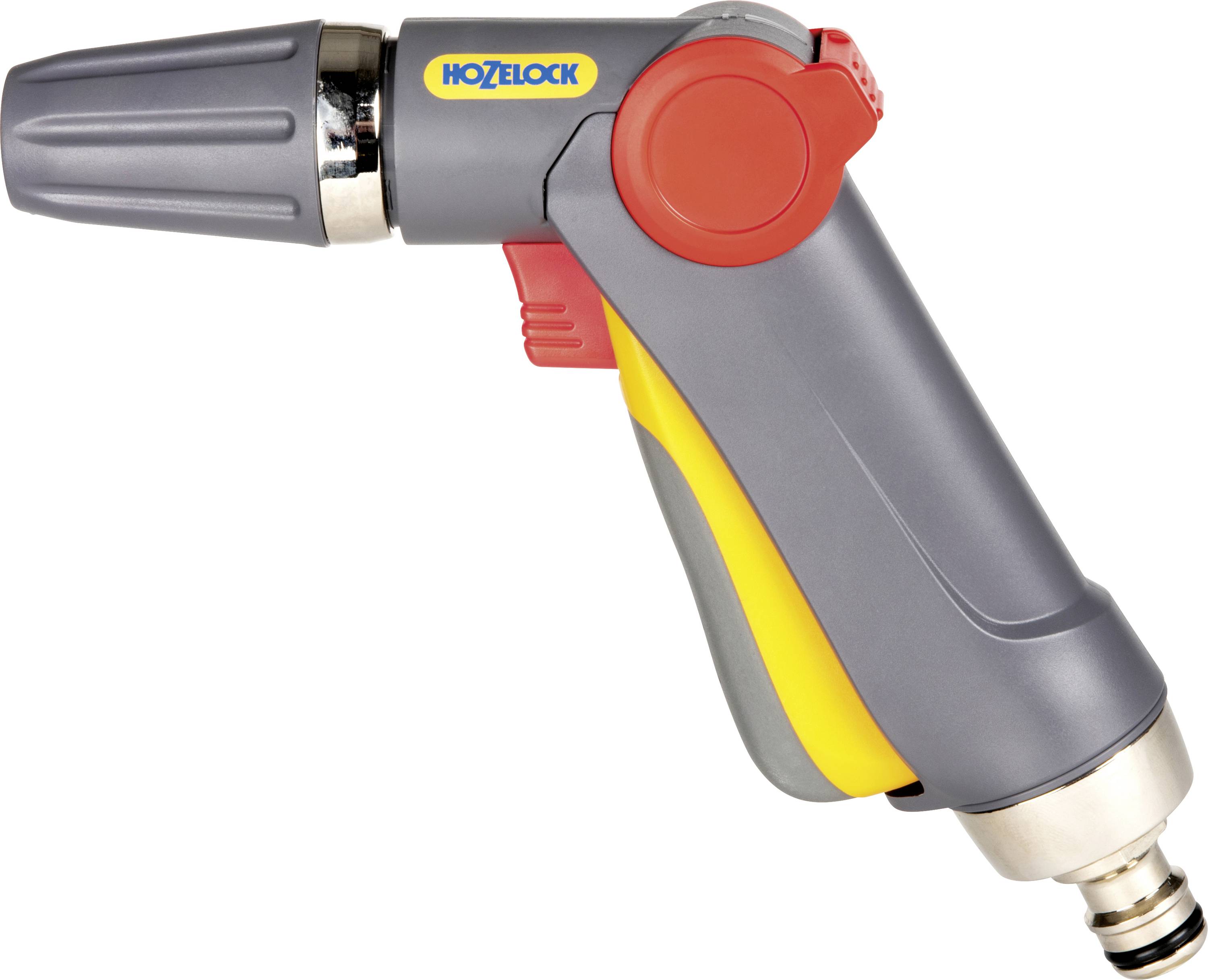 Un embout de tuyau d'arrosage gris et jaune avec un levier d'ajustement rouge, de marque « Hozelock ».