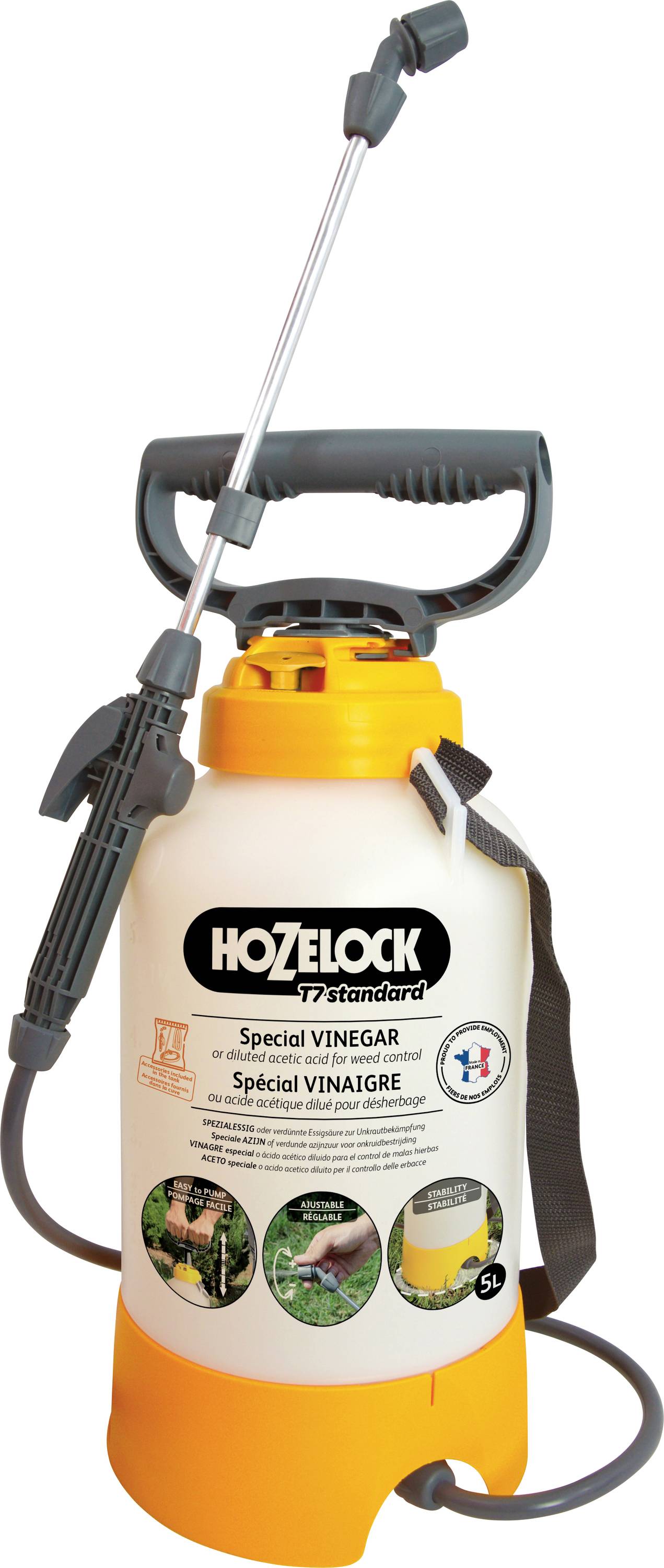 Flacon pulvérisateur étiqueté « Hozelock » avec tuyau et embout de pulvérisation, conçu pour appliquer des solutions de vinaigre.