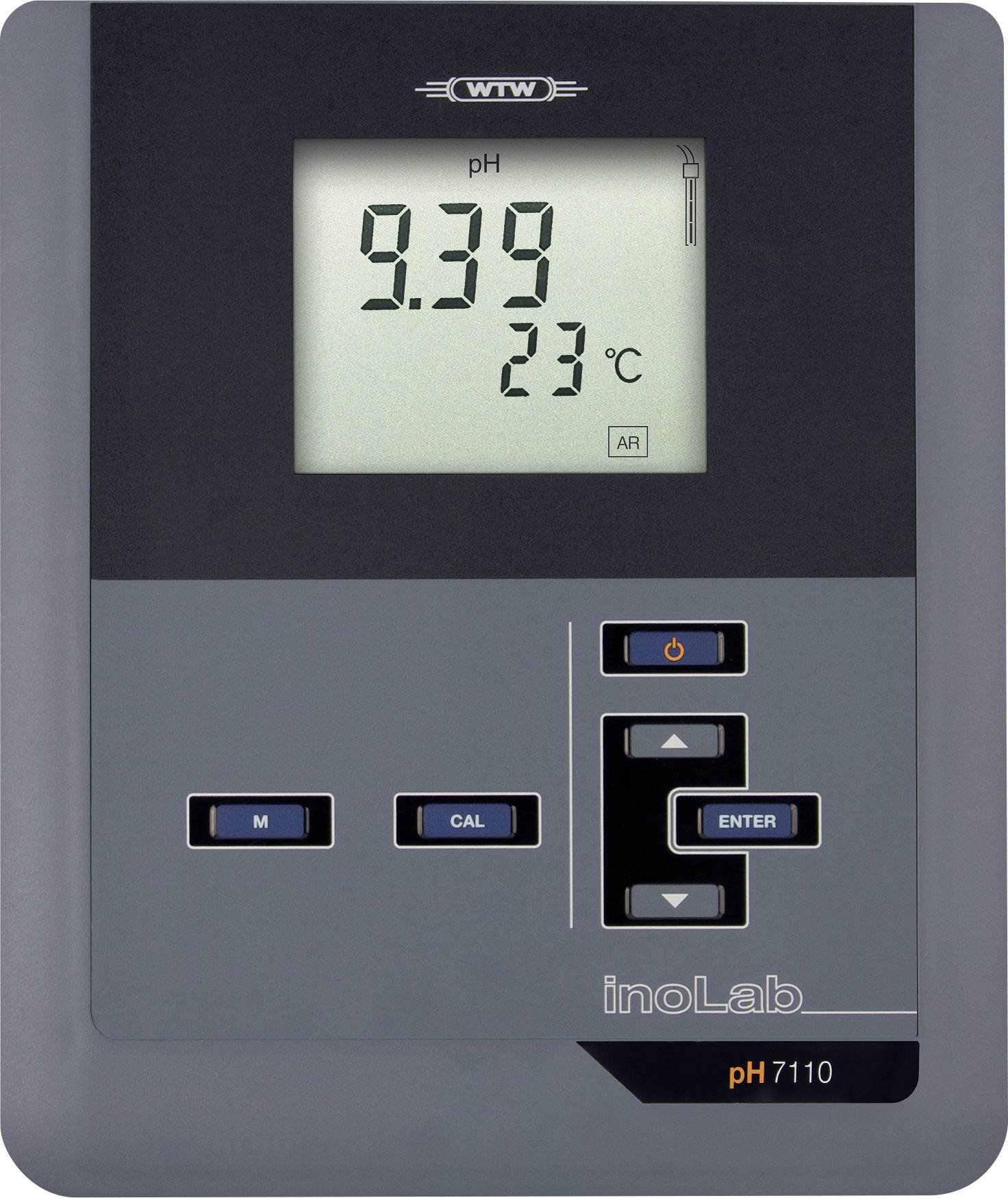 Un pHmètre numérique affichant un niveau de pH de 9,39 et une température de 23°C. L'appareil possède des boutons étiquetés « M », « CAL » et « ENTER ».