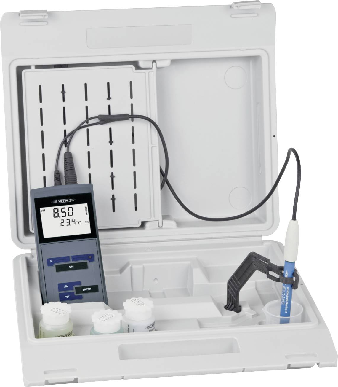 Un pH-mètre numérique portable dans un étui ouvert, affichant « 8,50 » de pH et « 23,4°C » de température. Comprend des flacons d'étalonnage et une électrode.