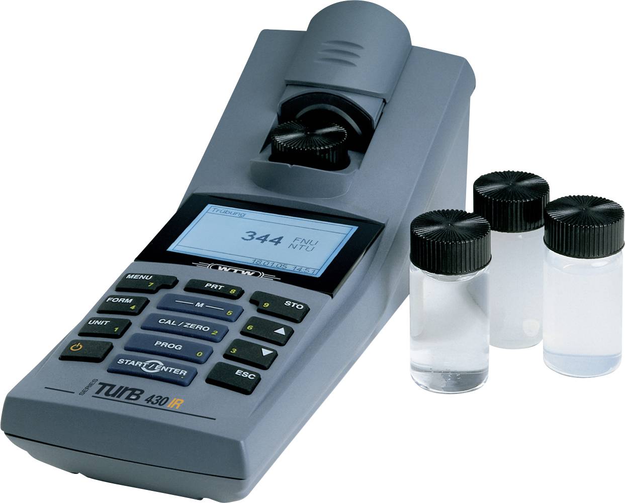 « Un turbidimètre gris avec affichage numérique indiquant 344 NTU, accompagné de trois petits flacons d'échantillon, utilisé pour le test de qualité de l'eau. »