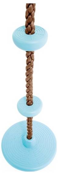 Une corde tressée avec trois disques plastiques circulaires bleus, utilisée comme balançoire ou équipement de jeu d'escalade.