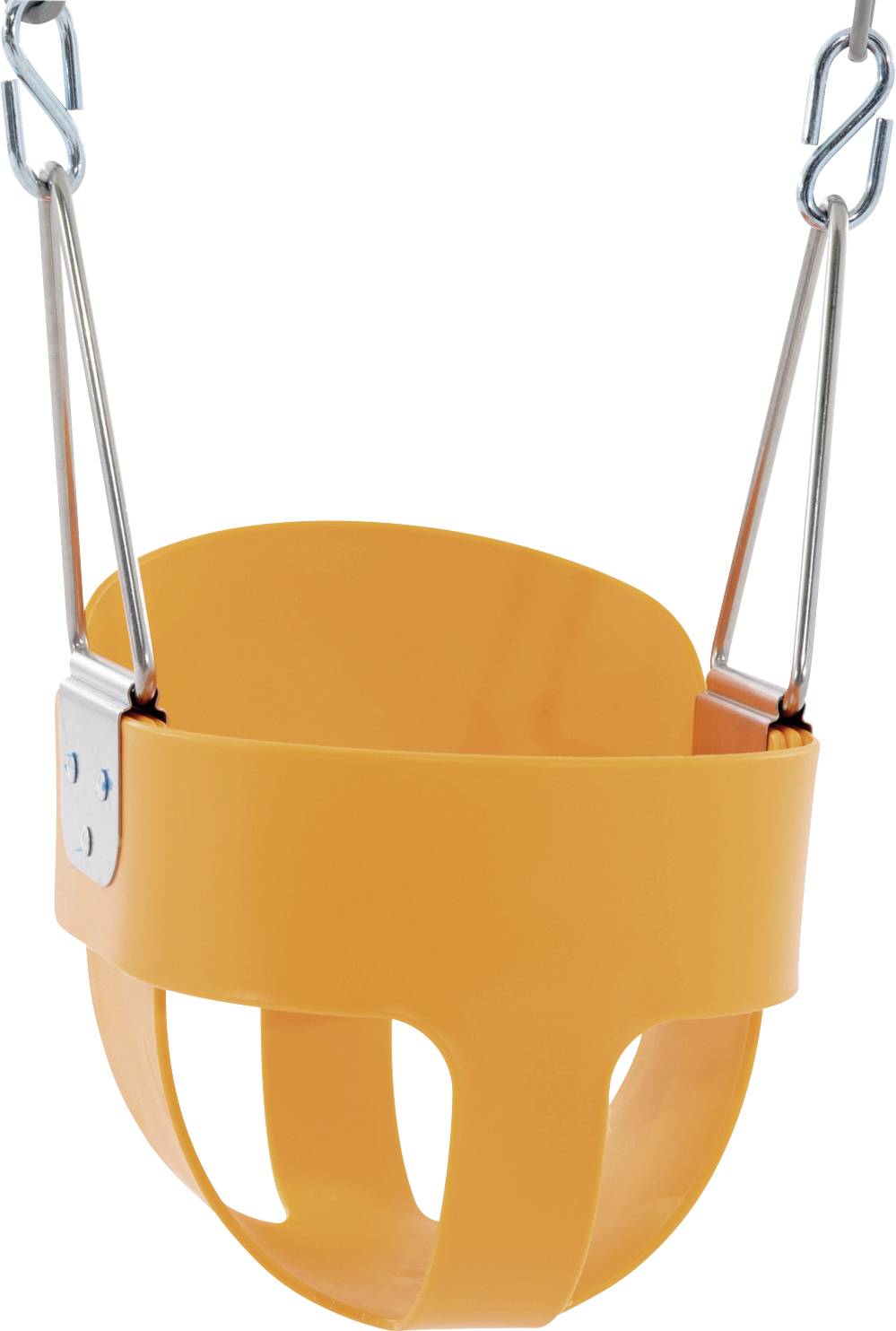 Un siège de balançoire pour tout-petits orange vide pend de chaînes métalliques, conçu pour tenir en toute sécurité les petits enfants dans une aire de jeux.