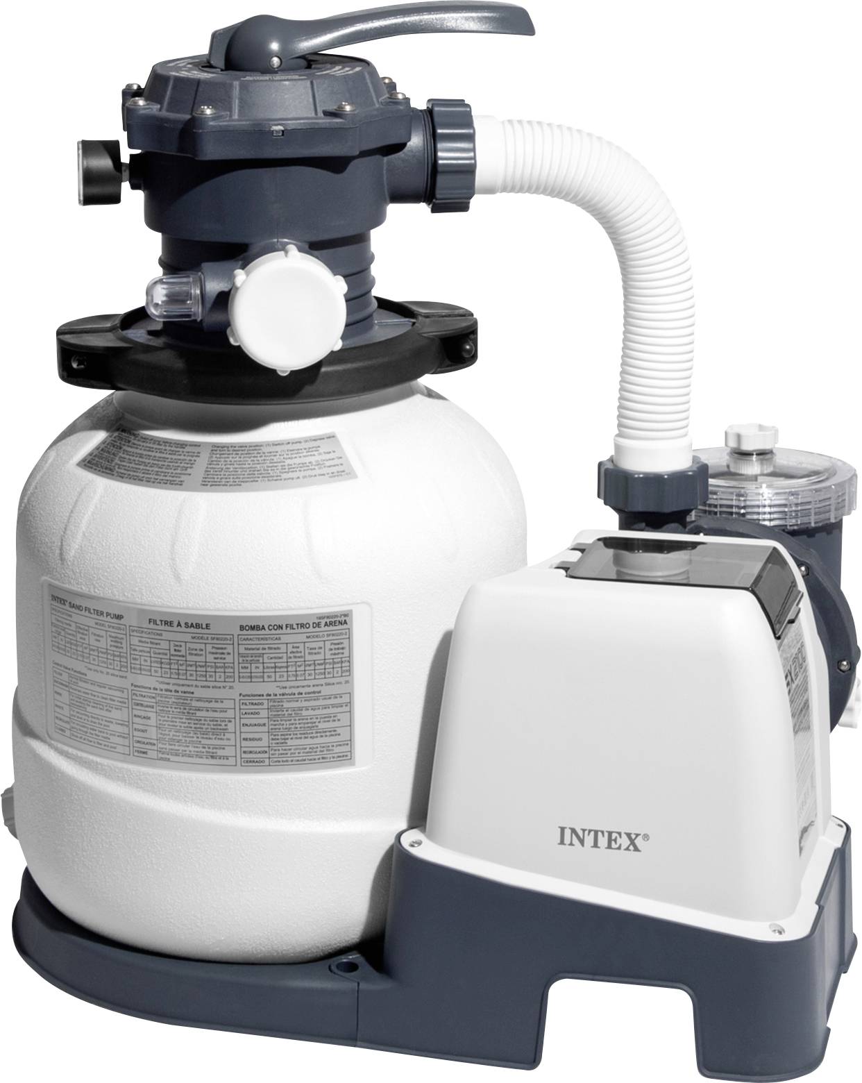 Système de pompe à filtre à sable pour piscine hors-sol de marque « Intex », présentant un grand réservoir blanc avec soupape de commande et tuyaux attachés, indiquant une fonction de filtration et de circulation de l'eau.