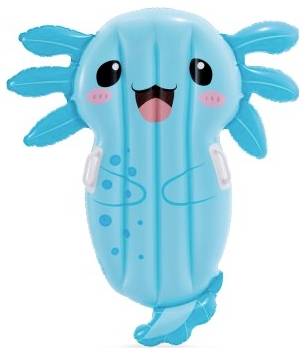 Un flotteur de piscine gonflable bleu en forme d'axolotl avec un visage souriant, des joues roses et de petites poignées blanches sur les côtés.
