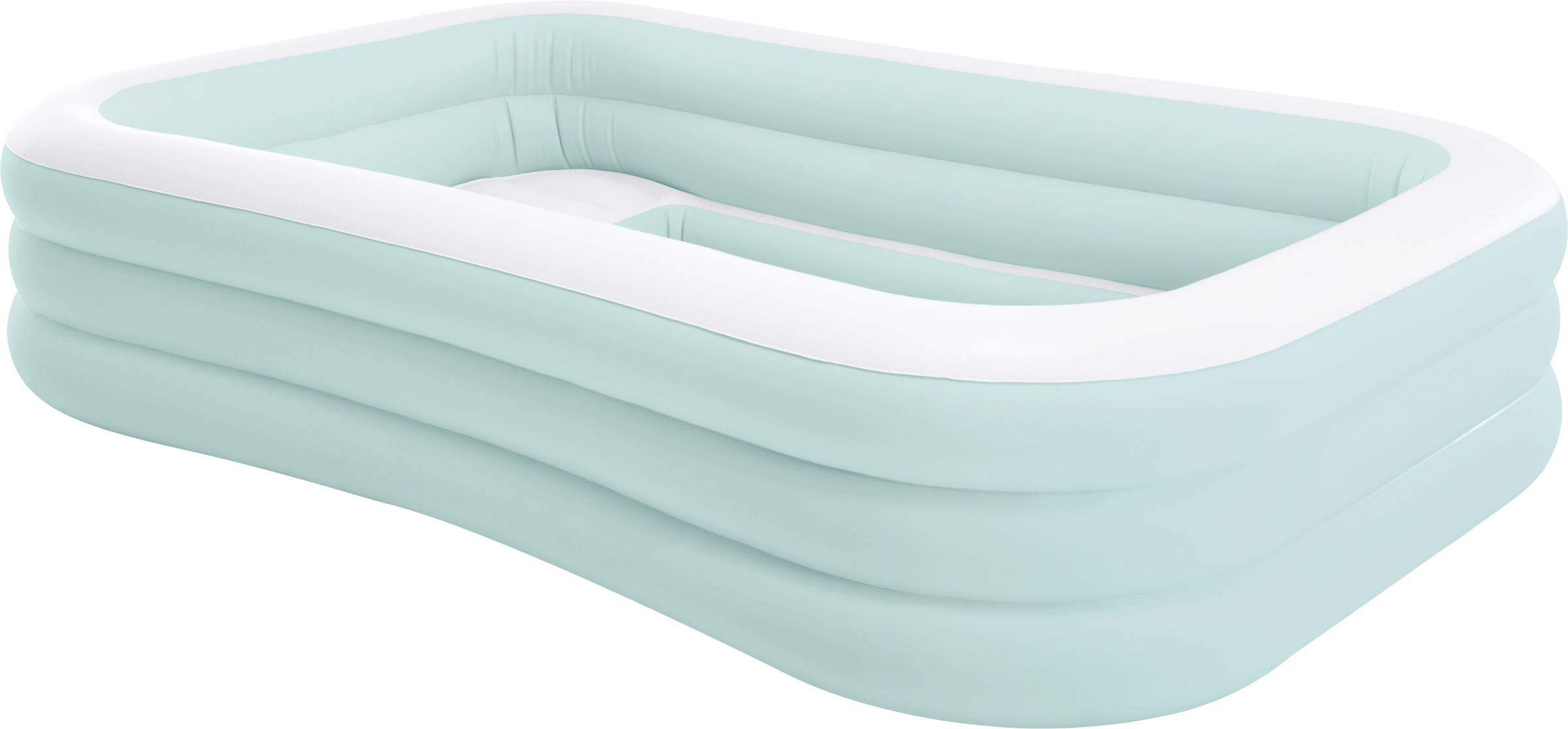 Piscine gonflable rectangulaire avec trois anneaux superposés, extérieur bleu clair et bord supérieur blanc, adaptée à une utilisation en plein air.