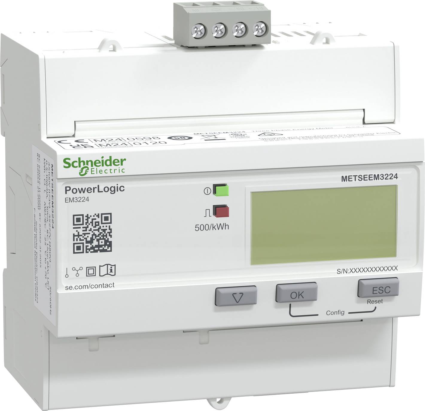 Compteur d'énergie Schneider Electric avec l'étiquette « PowerLogic », affichage numérique, boutons de configuration et marquage de 500kWh.