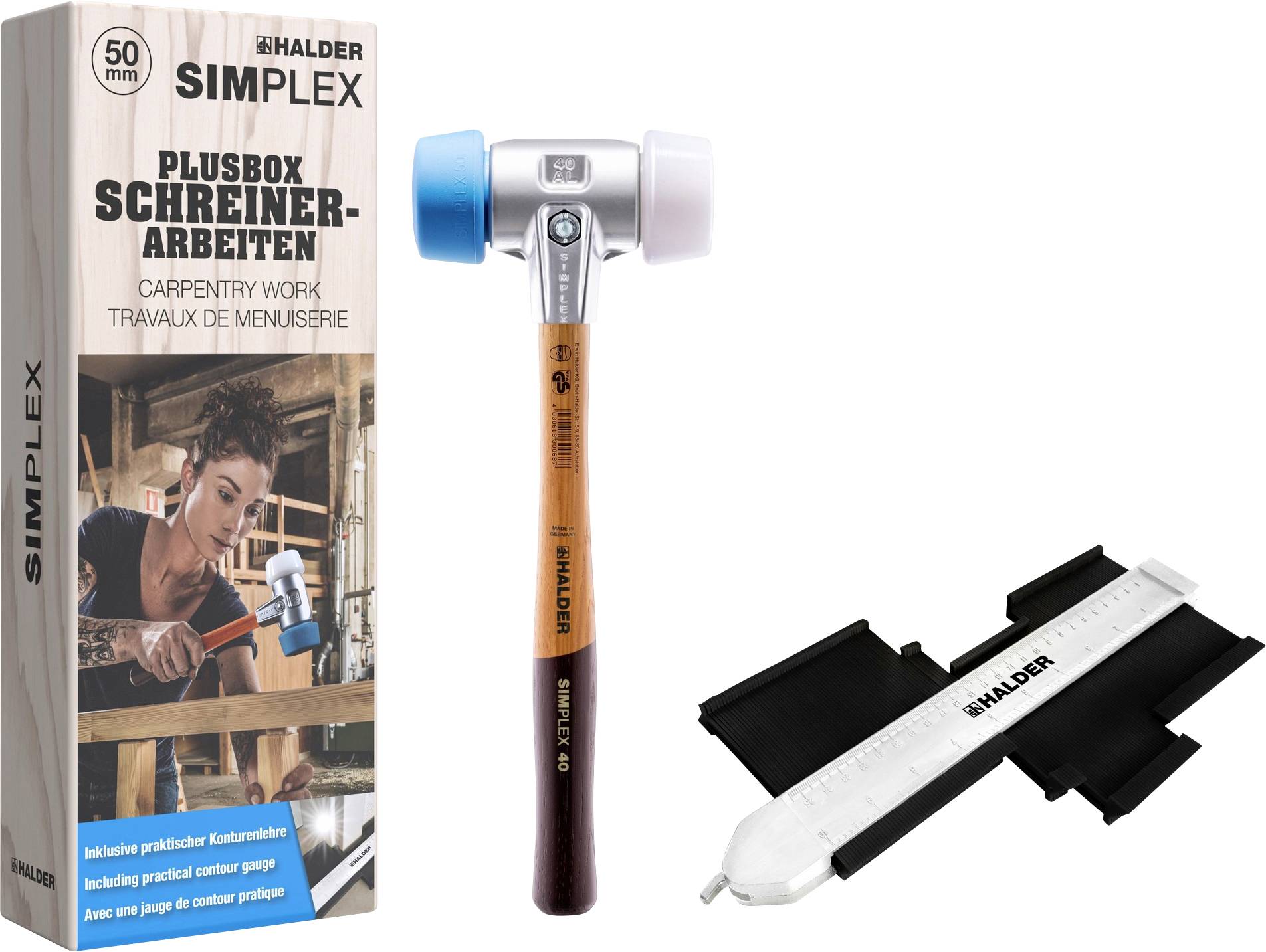 « Halder Simplex » met en avant un marteau aux têtes interchangeables pour la menuiserie. Inclut un calibre de contour pratique. L'emballage présente une image d'une personne utilisant l'outil.